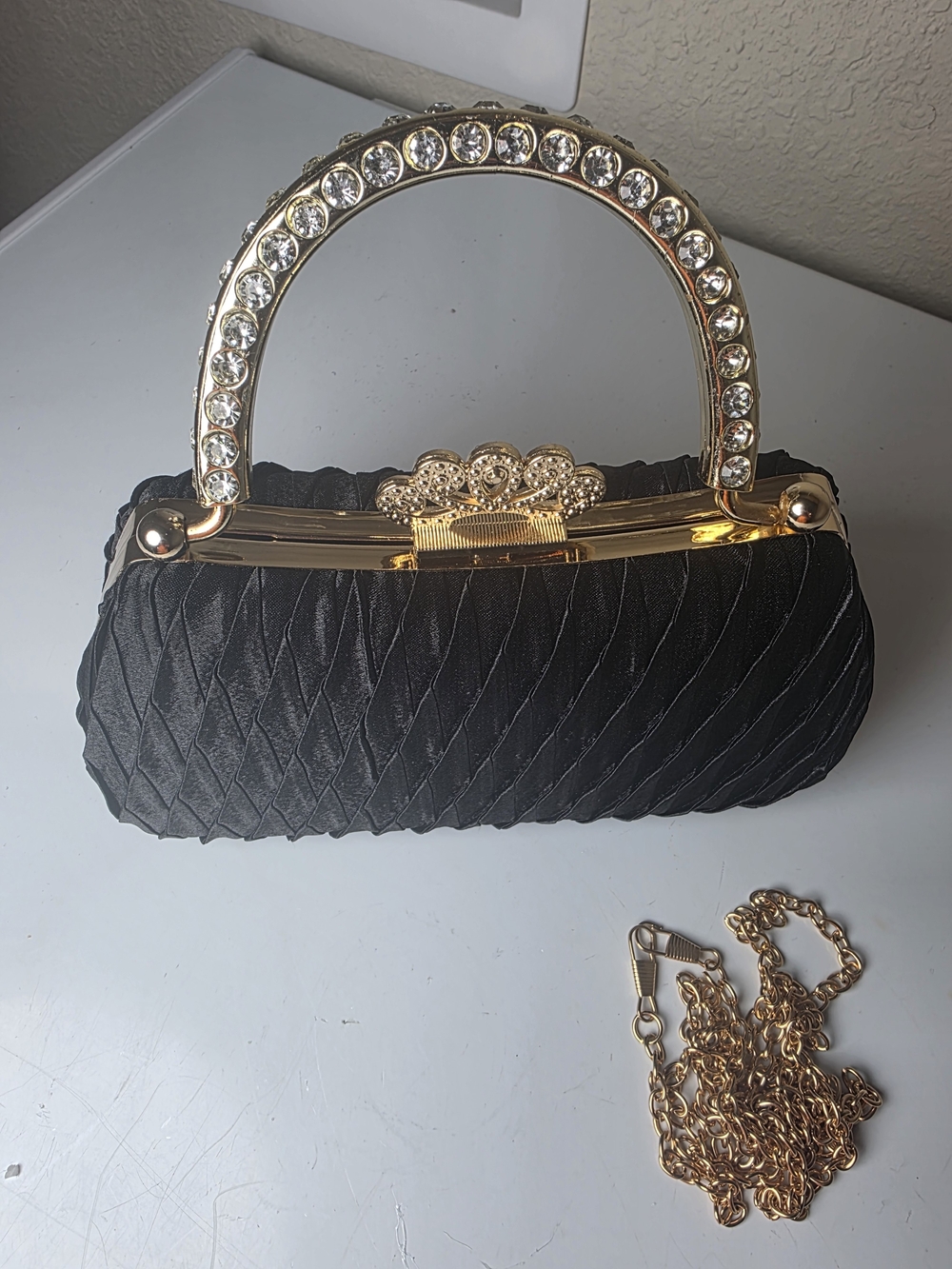Black Satin Evening Clutch with Crystal-Embellished Gold Handle